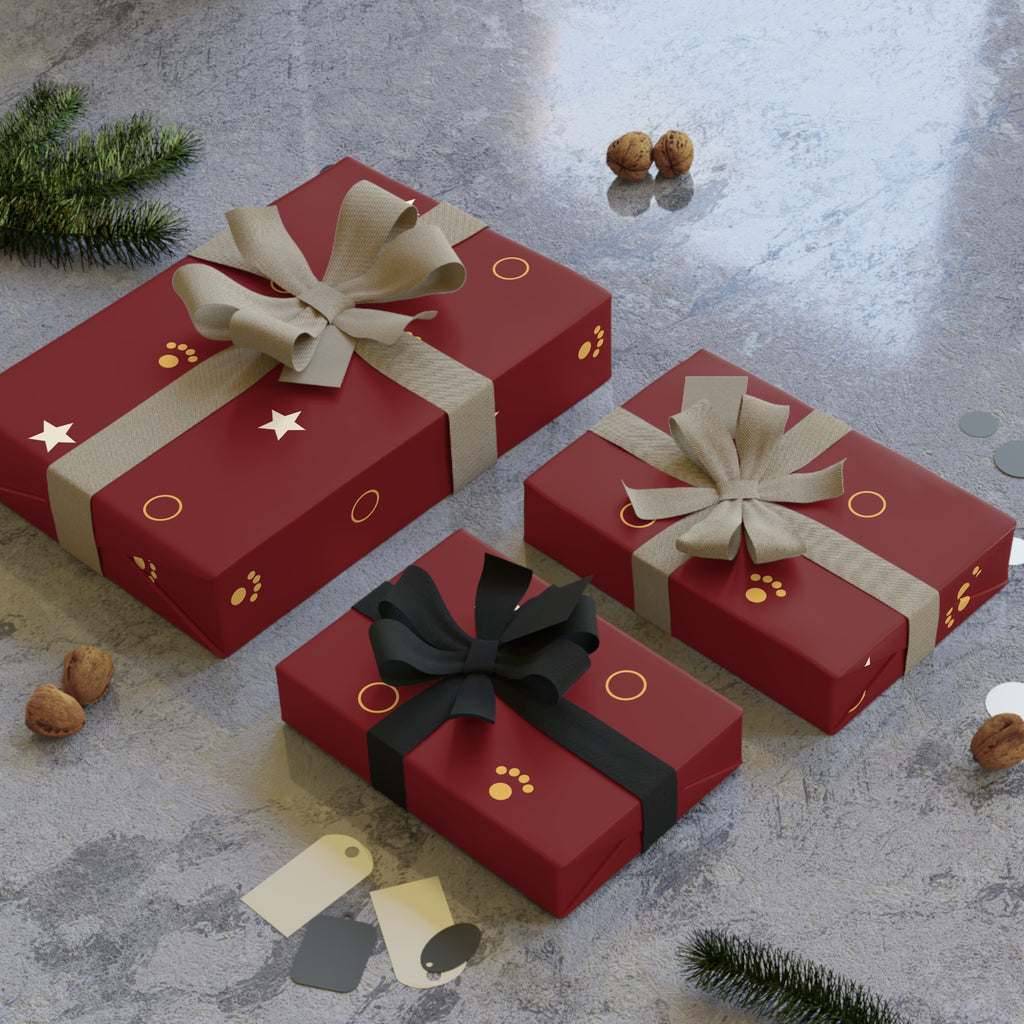 Christmas Wrapping Paper Roll — Cranberry Paw Print & Star Gift Wrap | Merry & Bright Holiday Wrap