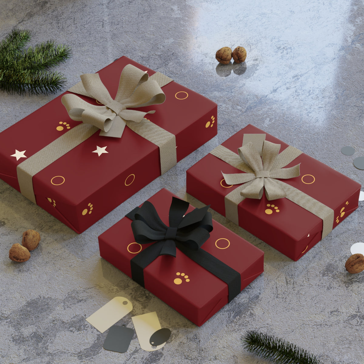 Christmas Wrapping Paper Roll — Cranberry Paw Print & Star Gift Wrap | Merry & Bright Holiday Wrap