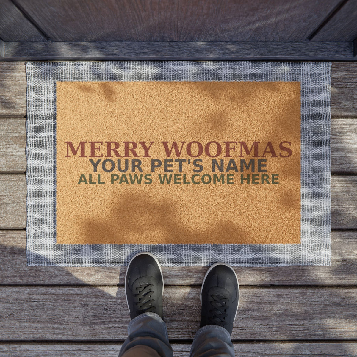 Pet-Name Christmas Doormat — Merry Woofmas All Paws Welcome Here | Custom Pet Holiday Doormat Gift