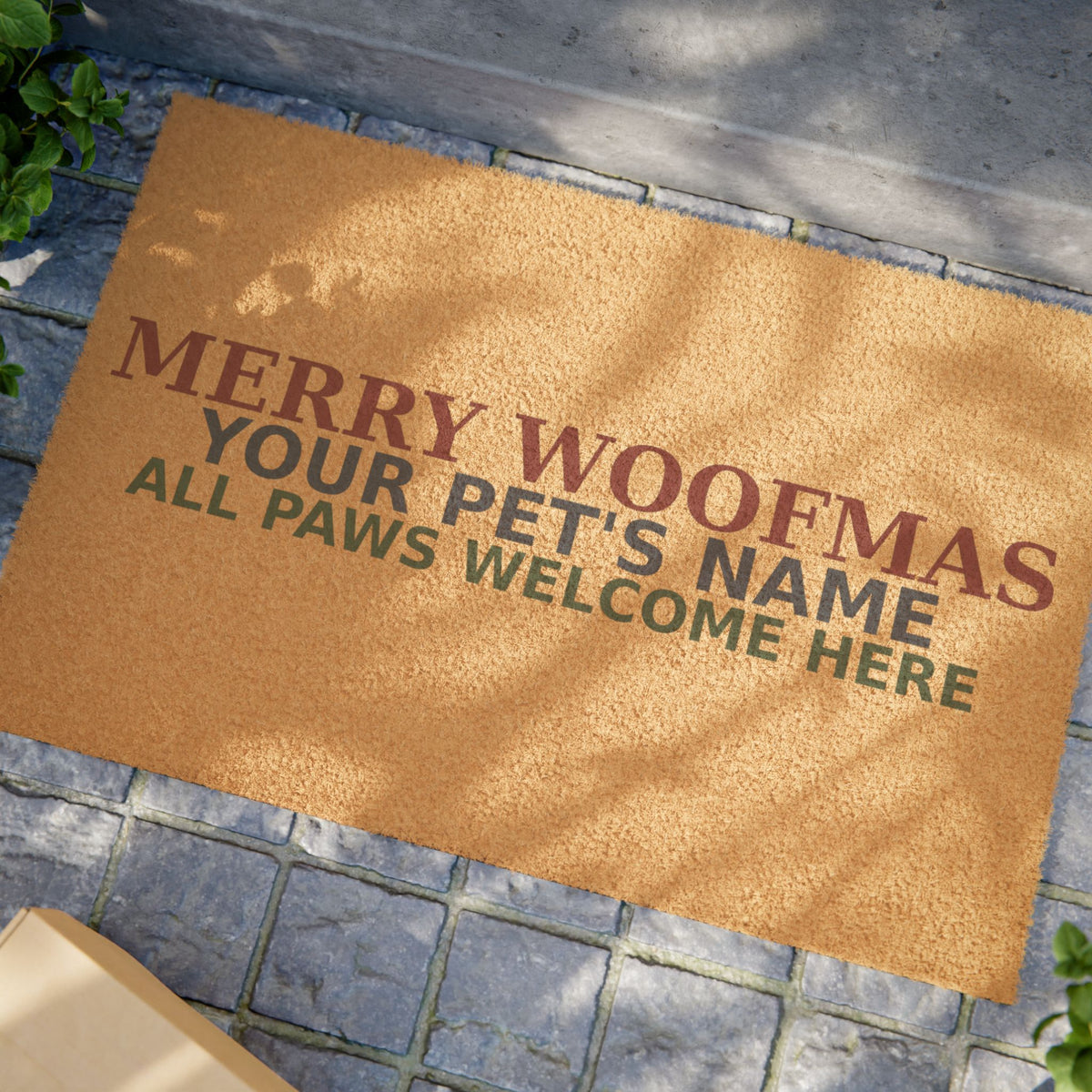 Pet-Name Christmas Doormat — Merry Woofmas All Paws Welcome Here | Custom Pet Holiday Doormat Gift